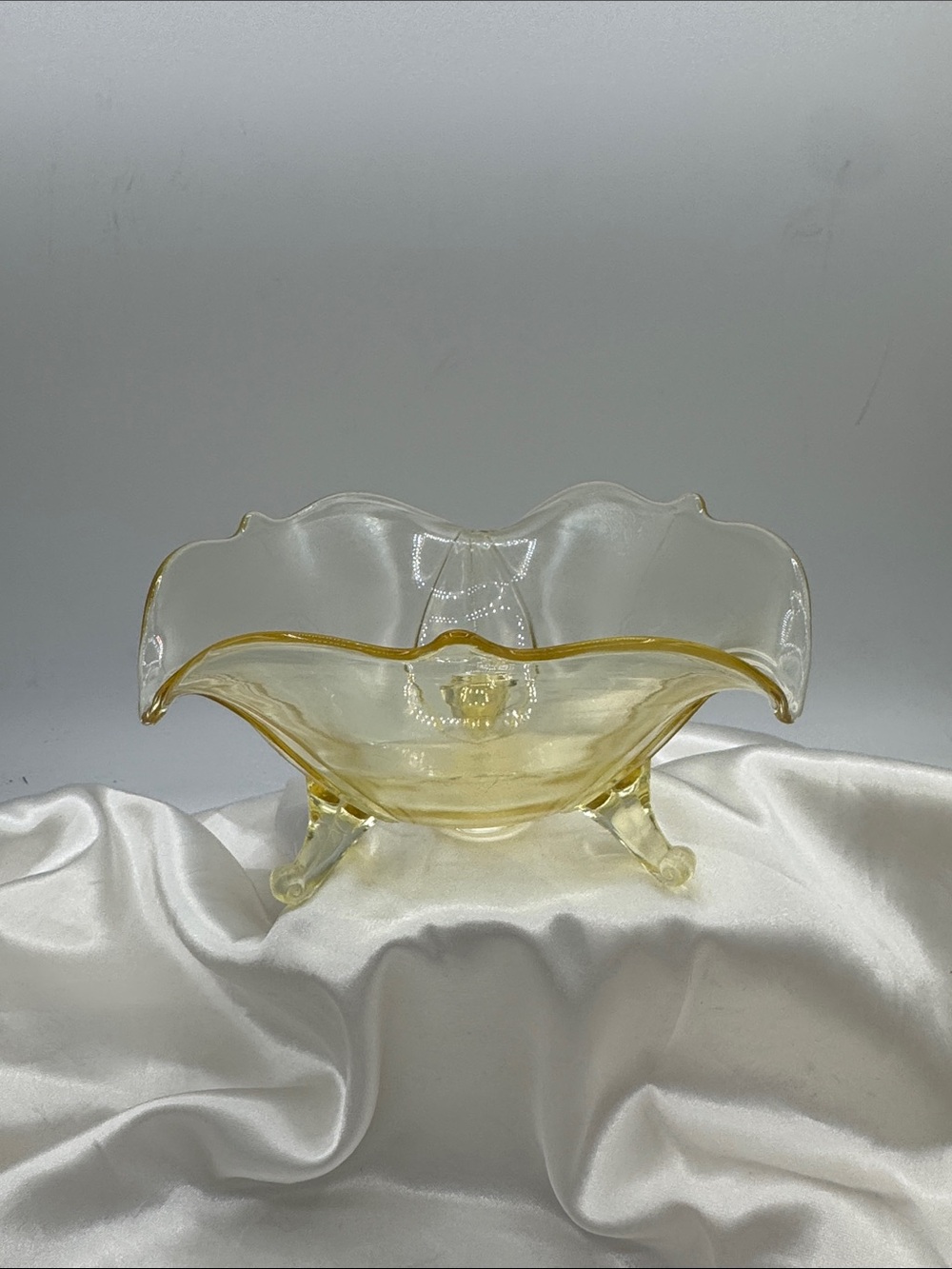Lancaster yellow depression glass 3 footed candy dish